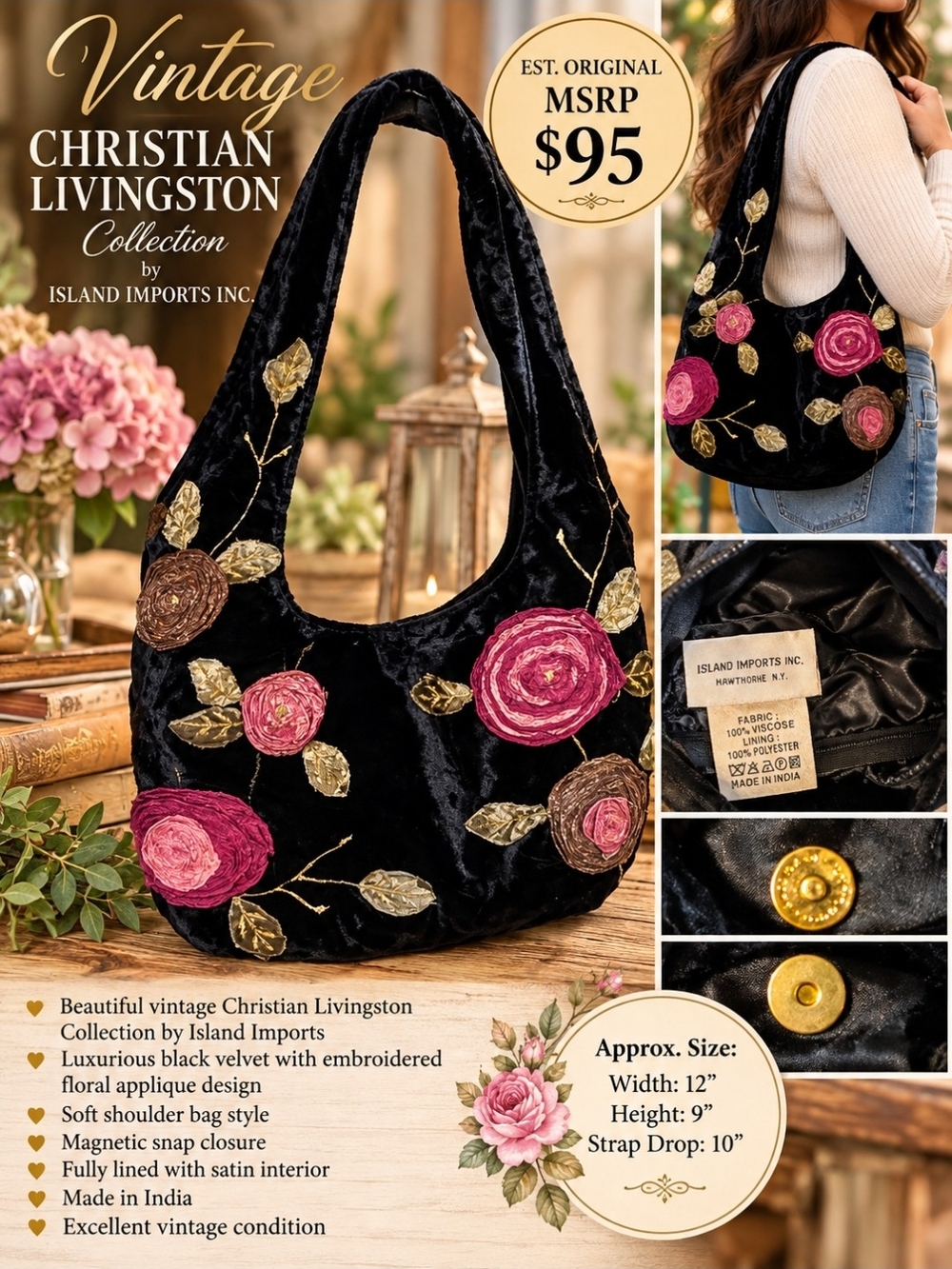 Christian Livingston Black Velvet Floral Hobo Bag